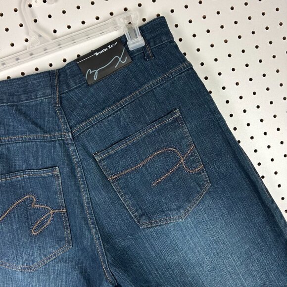 Brooklyn Xpress Dark Wash Jorts Size 34 Blue Jean Denim Embroidered Skater Punk - Picture 3 of 7